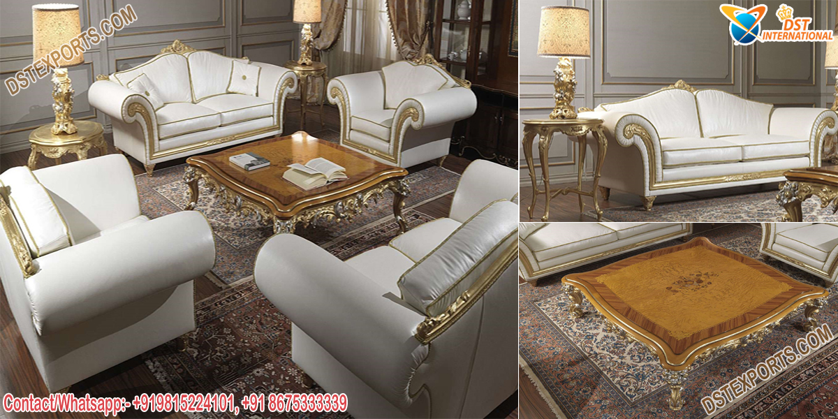Luxury Living Room White Gold Finish, Luxury Living Room Furniture Sets