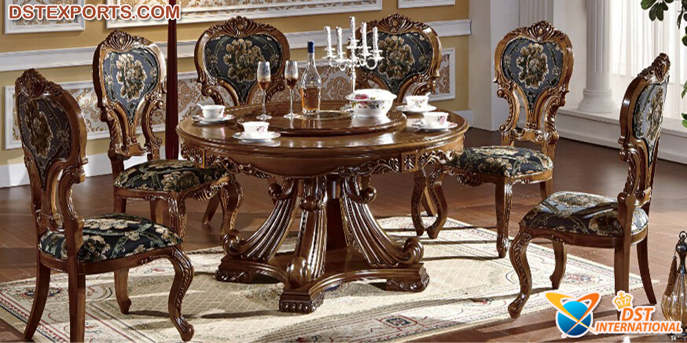 Designer Teak Wood Round Dining Table, Round Antique Wooden Dining Table Set