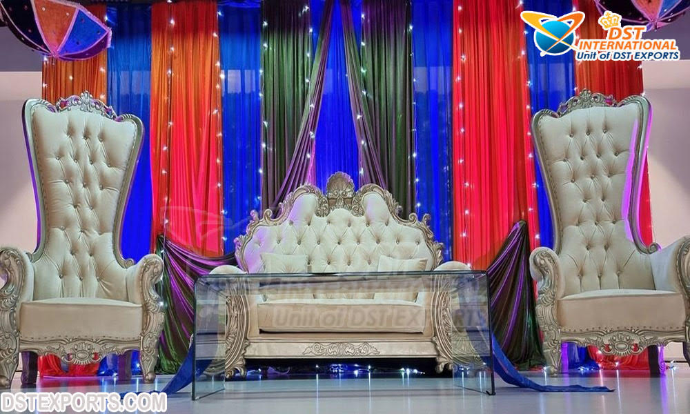 Royal White Silver Wedding Throne Sofa Set