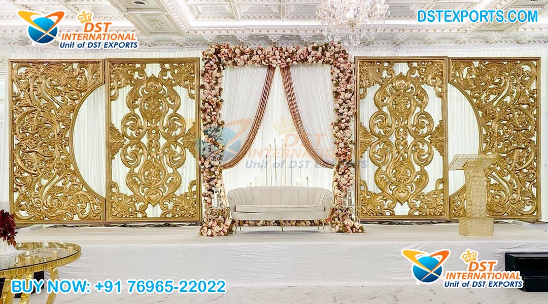 Exclusive Golden Carved Wedding Stage Backdrop Panels